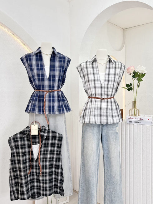 Plaid Pattern Two Piece Camisole With V Neck Outer Shirt